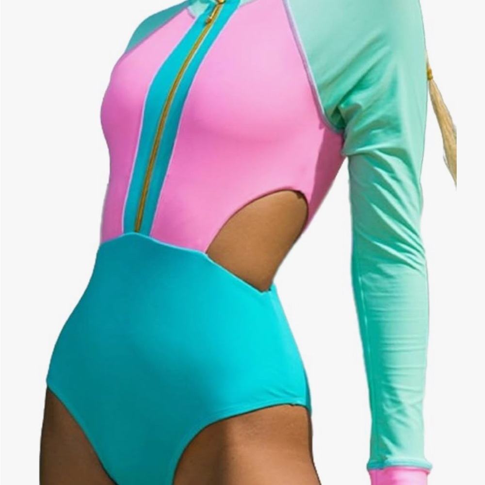 Pink and Green Long-Sleeve Rashguard Swimwear